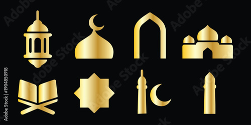 A beautiful collection of black silhouette Islamic lanterns mosques and various celestial star shapes. Boho Witch and Magic symbol. mystic art sign, emblem, Flat style. islam islamic muslim religion. 