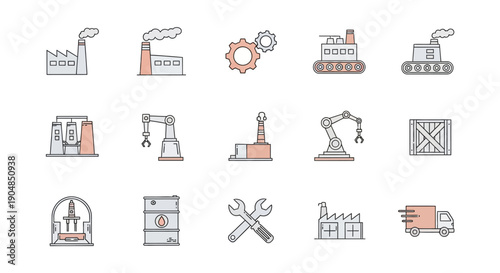 Industrial and manufacturing icon set featuring factory buildings, machinery, and production elements on an isolated white background.