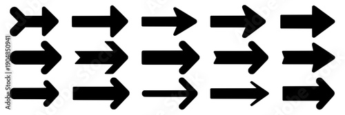 Arrows icon set with bold black right direction pointers in multiple styles, flat silhouette navigation symbols for UI, infographic, web buttons, signage and app interface