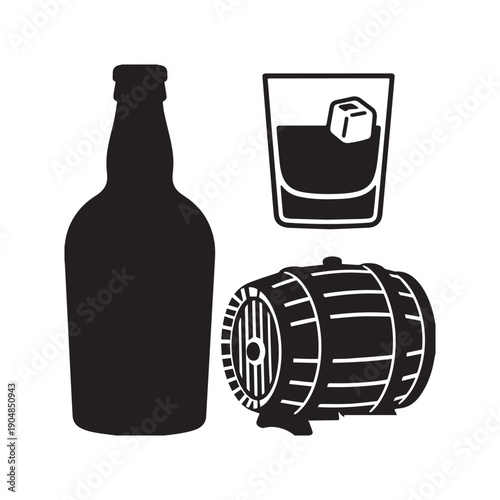 Collection of Alcohol Icons Featuring Glass with Ice Cubes Wooden Barrel and Bottle.