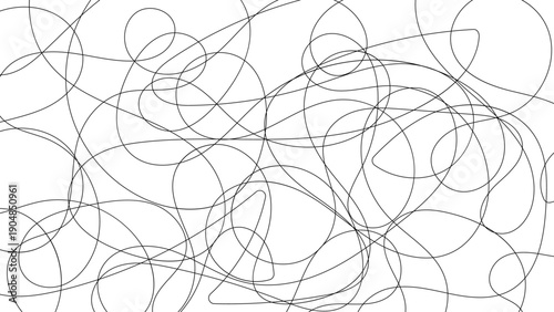 Abstract Black Continuous Line Scribble Pattern on White Background, Minimal Hand-Drawn Curved Line Art Texture for Modern Design, Creative Doodles and Contemporary Layouts