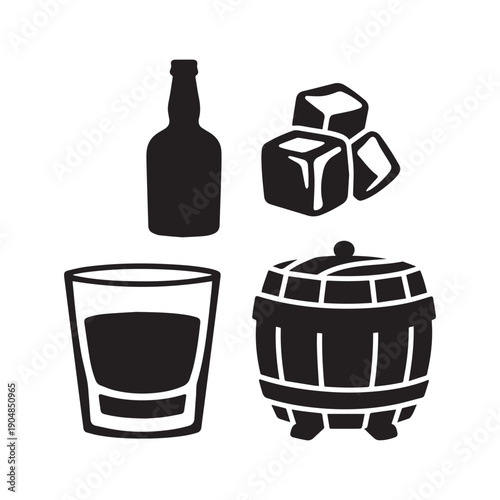 Collection of Alcohol Icons Featuring Glass with Ice Cubes Wooden Barrel and Bottle.