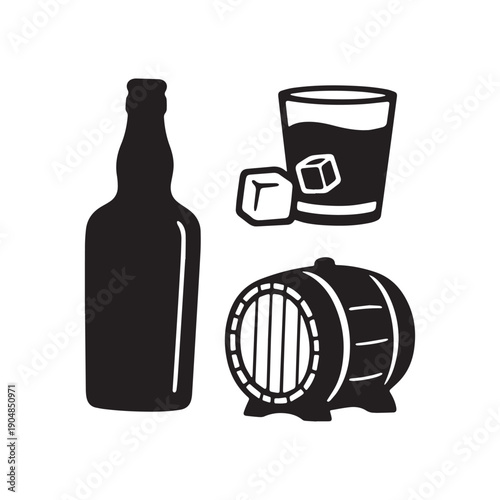 Collection of Alcohol Icons Featuring Glass with Ice Cubes Wooden Barrel and Bottle.
