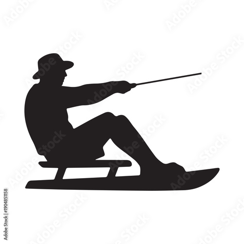 Silhouette of a Male Wakeboarder in Action Holding Tow Rope on Water. 
