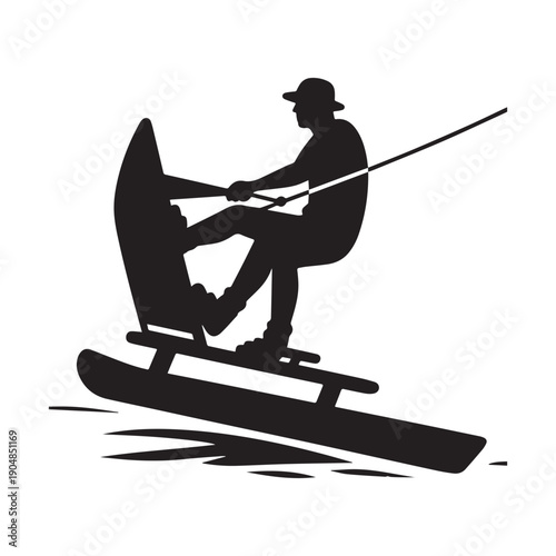 Silhouette of a Male Wakeboarder in Action Holding Tow Rope on Water. 