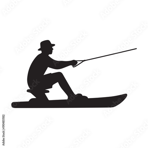 Silhouette of a Male Wakeboarder in Action Holding Tow Rope on Water. 