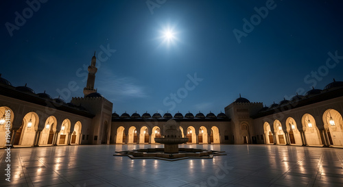 Ramadan Mosque Courtyard Full Moon Night Serene Fountain Glow