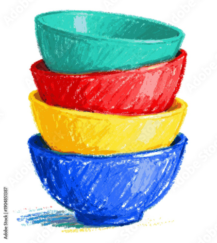 Crayon style drawing of a stack of four colorful bowls teal on top, red below, then yellow, and blue at the bottom vector, svg