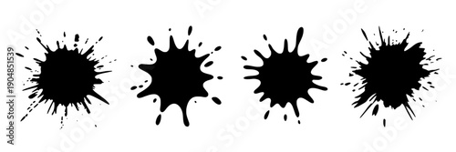 Ink splatter set with black paint blot silhouettes, grunge splash stains and dripping spots for distress texture, abstract messy background elements isolated on white
