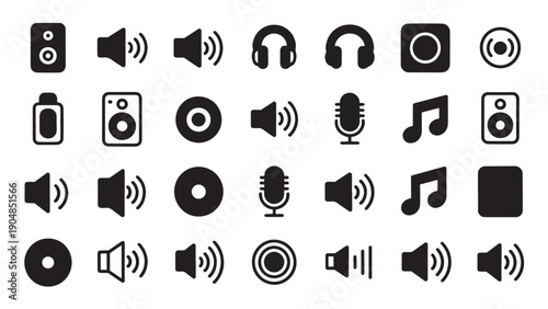 Black-and-white audio-related icons including speakers, headphones, microphones, music notes, audio files, and compact discs.