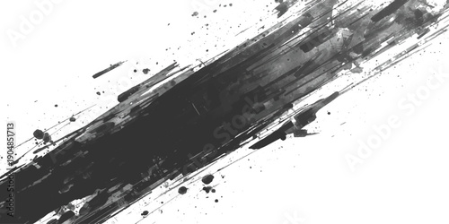 Abstract black ink splat and grunge splatter texture design featuring a liquid paint drip and spray brush pattern on a dirty white artistic background element