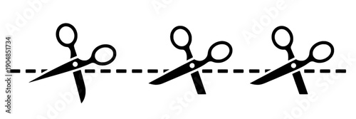Scissors icon set with three pairs cutting dashed lines in a row featuring office, tools, stationery with utility and design elements for vector, black projects, clean composition on simple background