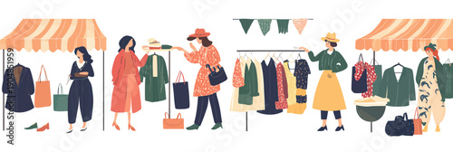 Vintage clothing shopping second hand market street vendors racks buyers sustainable fashion eco friendly consumer characters flat vector illustration