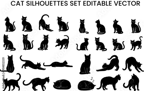 Cat silhouettes set editable vector graphics with various cat poses, black feline shapes, pet animal profiles, and diverse domestic cat breeds in different actions