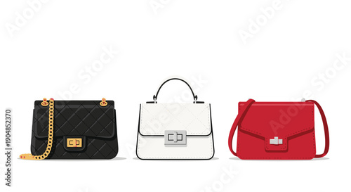 Stylish set of three women's small luxury handbags, showcasing quilted black with gold chain, white, and solid red