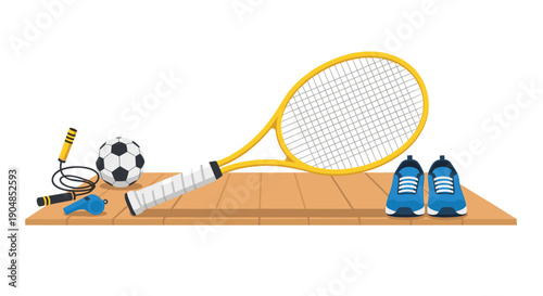 Sports and fitness essentials featuring a tennis racket, soccer ball, jump rope, whistle, and running shoes, all neatly