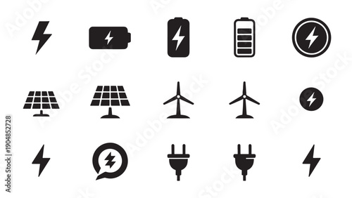 Black icons representing energy and electricity concepts including lightning bolts, batteries, solar panels, wind turbines, and electrical plugs.
