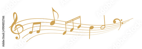 Musical notes and treble clef on staff, hand drawn sketch style vector illustration on transparent background