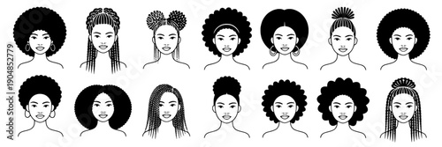 Hairstyles avatar icon set with diverse curly, braided, afro and bun hair silhouettes, minimal black outline female head portraits for profile, UI, stickers and web design