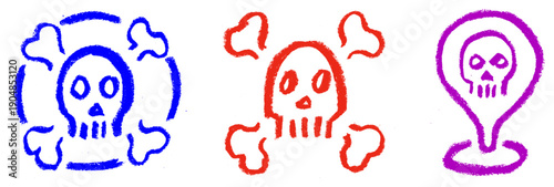 Skull Warning Sign Icons Crayon Chalk Drawing Doodle Vector Set