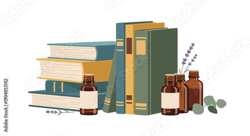 A serene arrangement of classic vintage books paired with essential oil bottles, aromatic lavender, and fresh eucalyptus