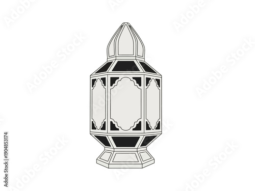 Black and white illustration of a decorative Islamic lantern design