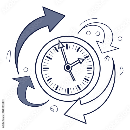 Clock with Circular Arrows Line Art Illustration for Time Cycles