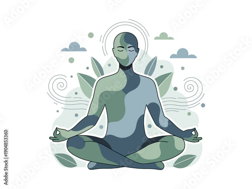 Stylized figure meditating in lotus pose with nature elements