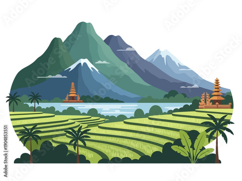 Stylized illustration of tiered rice terraces lake mountains and Balinese temples