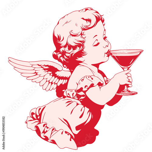 A drunken cherub angel with wings and halo holds a cocktail glass expressing celebration joy humor and playful innocence in a red classic illustration with modern festive party romance.