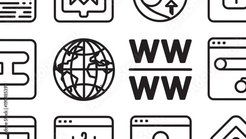 Black-and-white internet and web browsing icons including globe, WWW text, browser windows, charts, and interface elements in minimal line-art style.