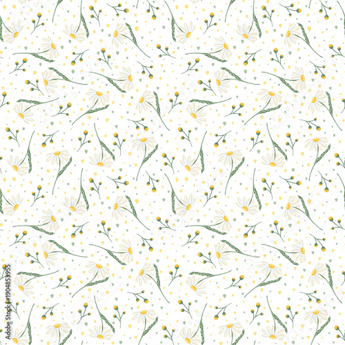 seamless png pattern with flowers camomile, daisy, dots, without background, print for fabric, textile, wrapping paper 