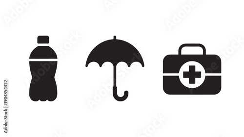 Vector Illustration Of Water Bottle, Umbrella, And First Aid Kit For Travel And Emergency Concept