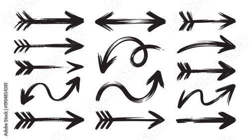 Set of 12 black-and-white brushstroke arrows with varied shapes and directions.