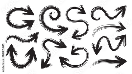 Set of 12 black-and-white brushstroke arrows with varied shapes and directions.