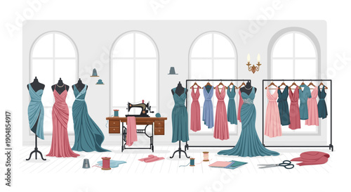 Bustling fashion design studio with elegant dresses on mannequins, a vintage sewing machine, and clothing racks,