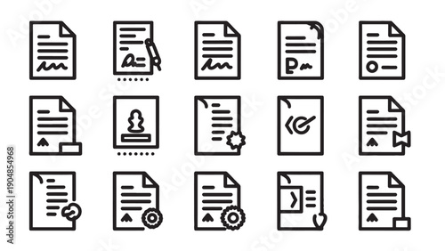 Set of 15 black-and-white line icons representing documents, certificates, and approvals.