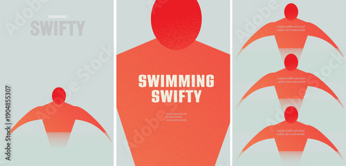 Abstract swimmer poster set with bold red silhouettes and minimalist composition. Modern conceptual illustration suitable for sport branding, fitness campaigns, editorial design, and modern wall decor