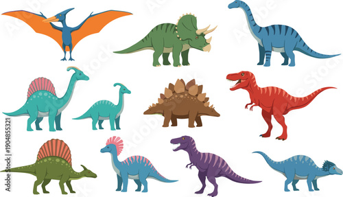 Diverse collection of colorful dinosaur vector illustrations including Tyrannosaurus Rex Triceratops Stegosaurus and Brachiosaurus for prehistoric education and children design