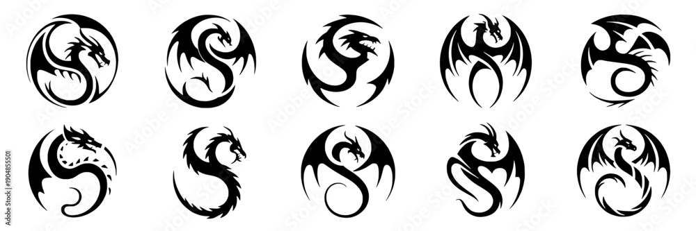 Obraz premium Dragon tribal logo set with black circular emblem silhouettes, fantasy myth creature icons for tattoo design, esports branding, game UI, sticker, and vector decoration