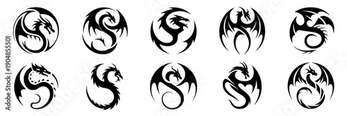 Dragon tribal logo set with black circular emblem silhouettes, fantasy myth creature icons for tattoo design, esports branding, game UI, sticker, and vector decoration