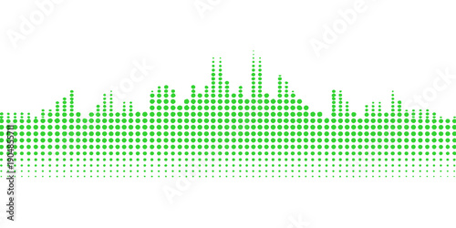 A vibrant green sound wave equalizer pulses across a modern urban skyline silhouette featuring stylized office skyscrapers and downtown business architecture in this vector illustration