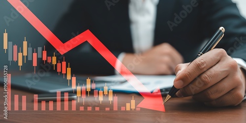Businessman pointing at falling stock market graph with red arrow finance chart