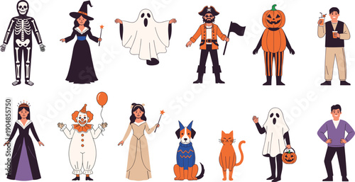 Set of diverse Halloween costume characters including skeleton witch ghost pirate pumpkin clown and princess for spooky holiday celebration vector illustration