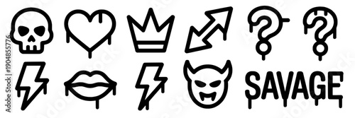 Icons doodle set with skull, heart, crown, arrows, question marks, lightning bolts, lips, devil face and savage lettering in bold black outline featuring symbol pack, arrow icon, typography with