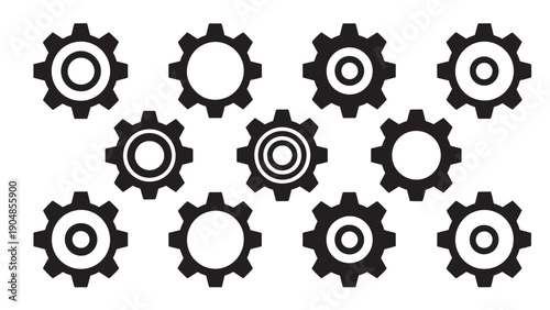 Set of 11 black gear icons with varied center patterns.