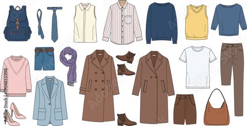 Set of professional vector fashion apparel including coats jackets shirts sweaters shoes and accessories for clothing brand mockup designs