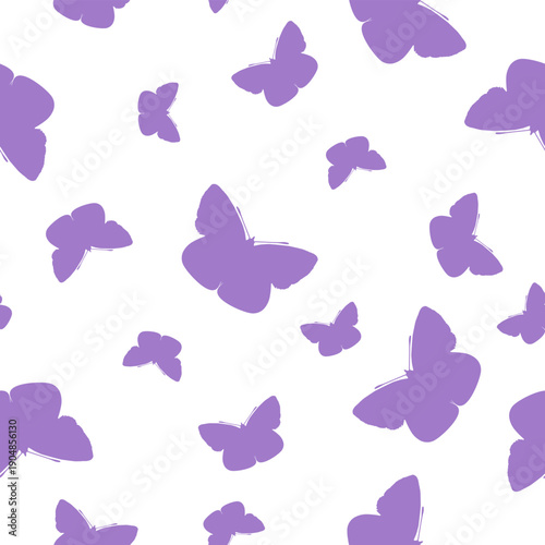 Seamless pattern purple Butterflies isolated on white background. Simple butterfly flying girly print for fabric textile, wall paper, banner. Vector design eps 10