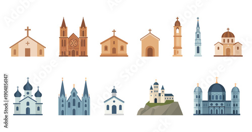 Church Icons flat vector illustrations of cathedrals and Christian architecture with domes, towers, crosses, and diverse building silhouettes.