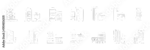 Buildings minimal line icon set with modern city architecture, skyscrapers and office blocks in thin outline style, monochrome vector symbols for web, UI and maps